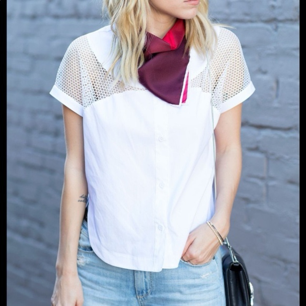 Robert Rodriguez White Mesh-Sleeve Button Down Top Size 6